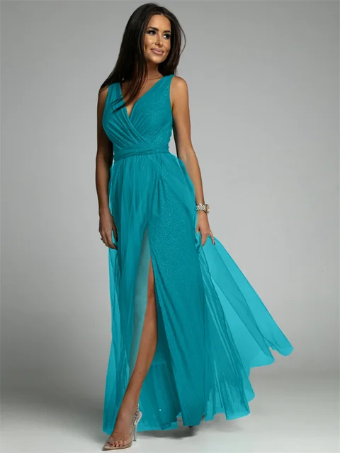 Elegant V-Neck Sleeveless Dress with Slit Hem, Plus Size Formal Wedding Guest Cocktail Dress - Image 8