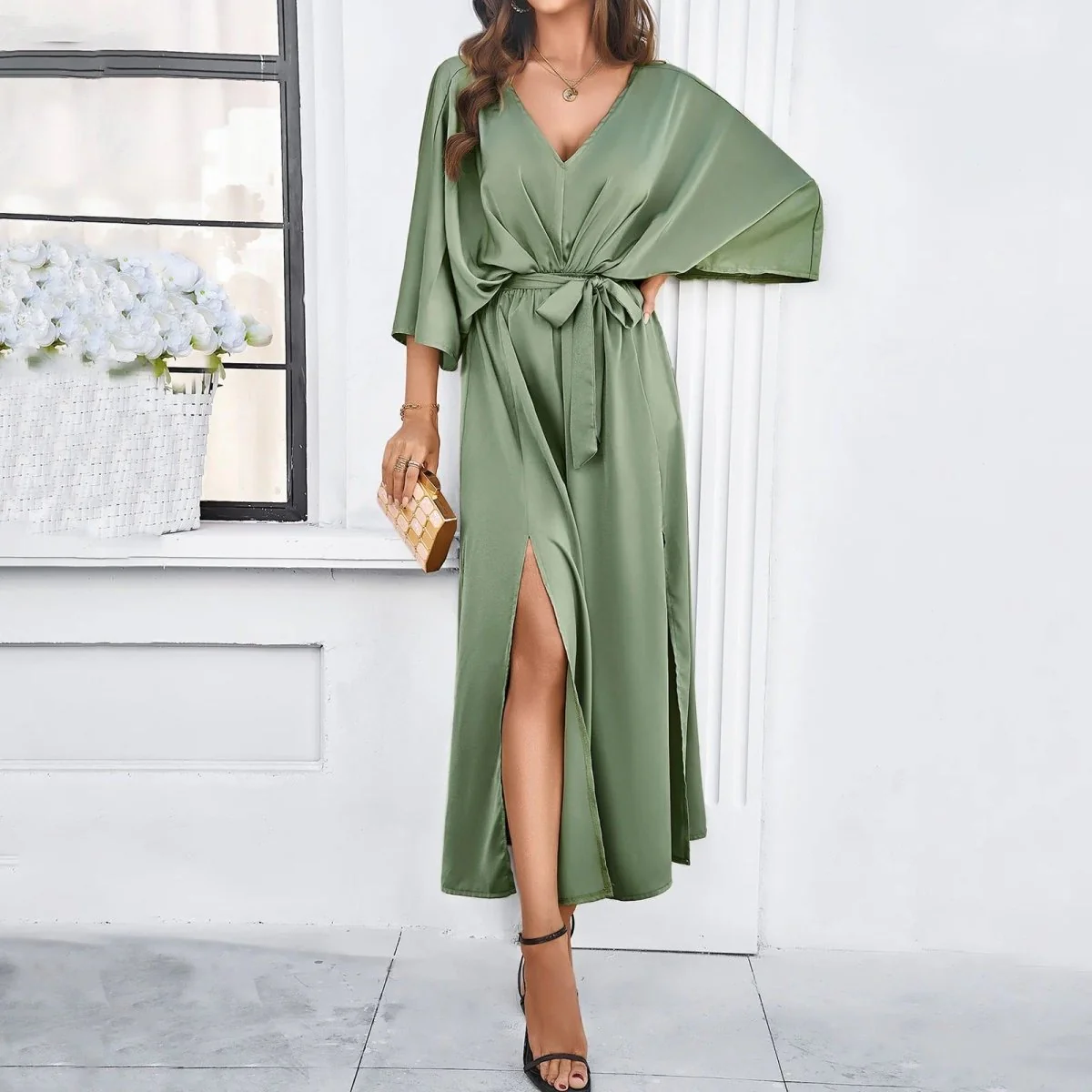 Elegant V-Neck Summer Dress for Women - Perfect Wedding Guest or Formal Event Attire, Knee-Length, Comfortable Fit - Image 4