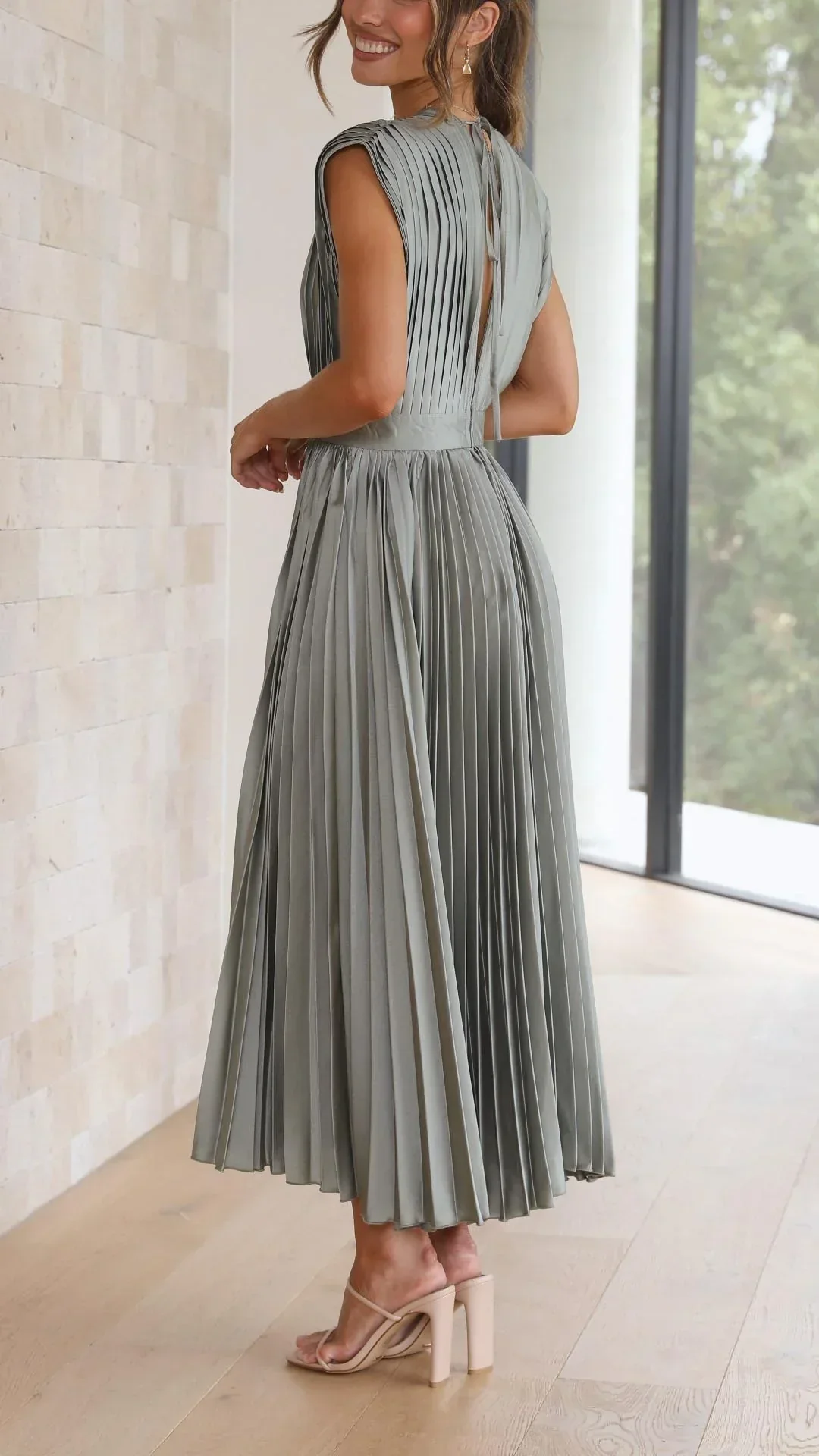 Elegant V-Neck Summer Dress with Back Bond Detail, Lightweight Fabric for Weddings and Formal Events - Image 3