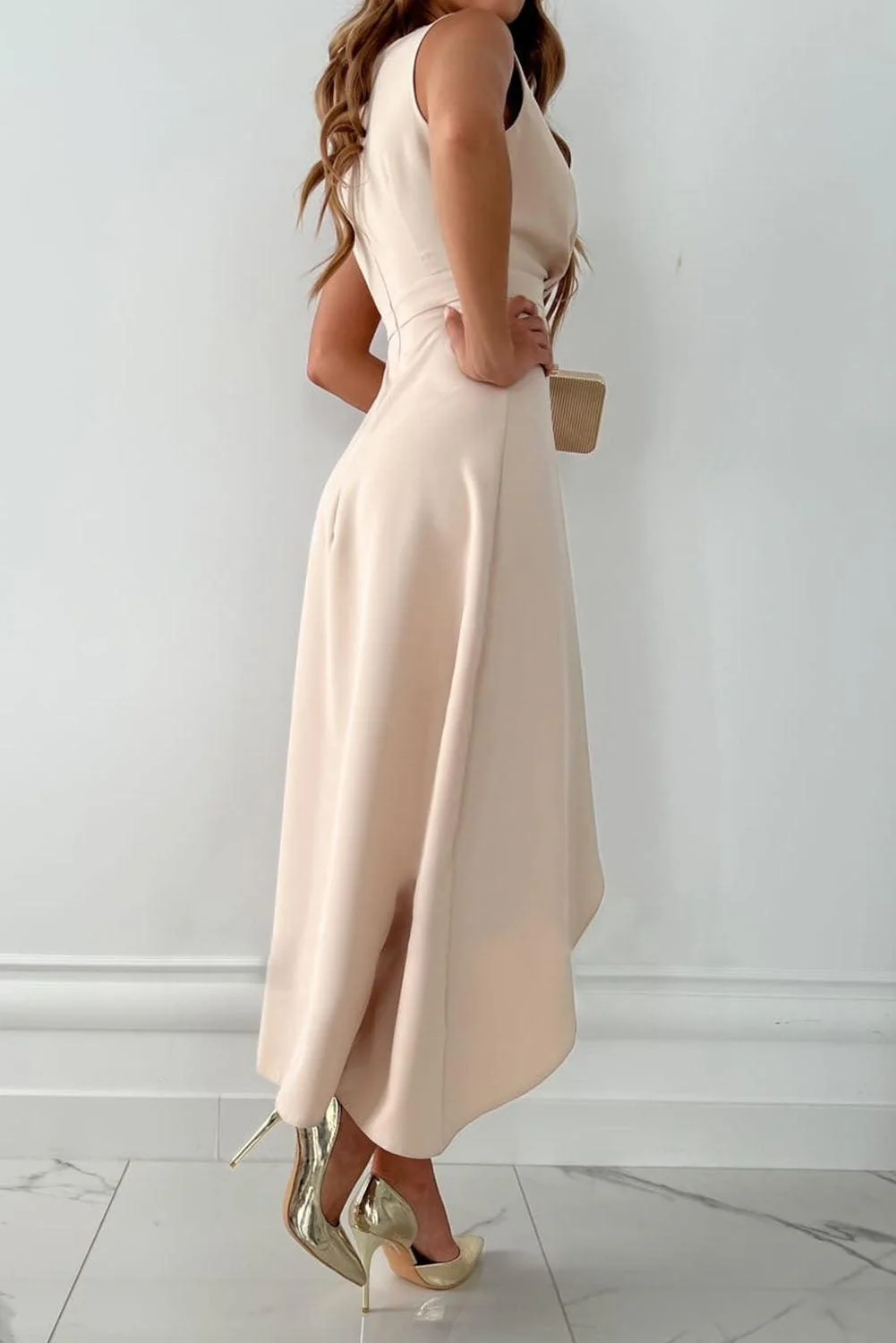 Elegant V-Neck White Midi Dress with High-Low Hem and Frill Accents for Women - Image 2