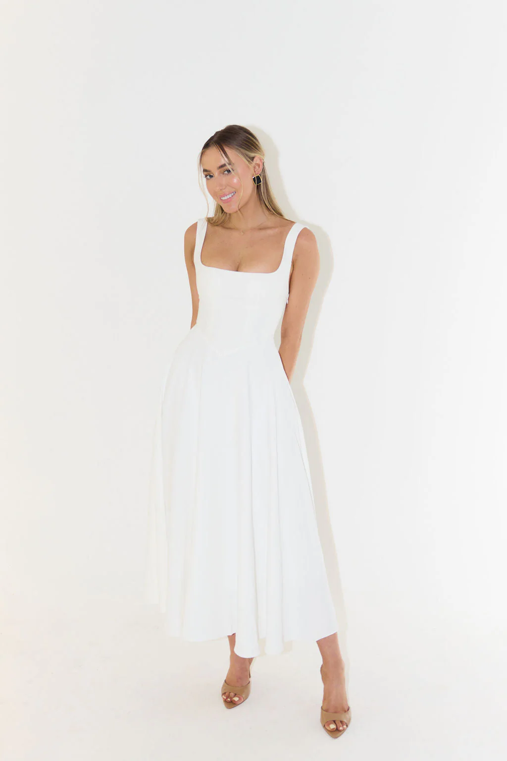 Elegant White Midi Dress for Women, Long Sleeve Flattering Silhouette, Lightweight and Versatile for Any Occasion - Image 4