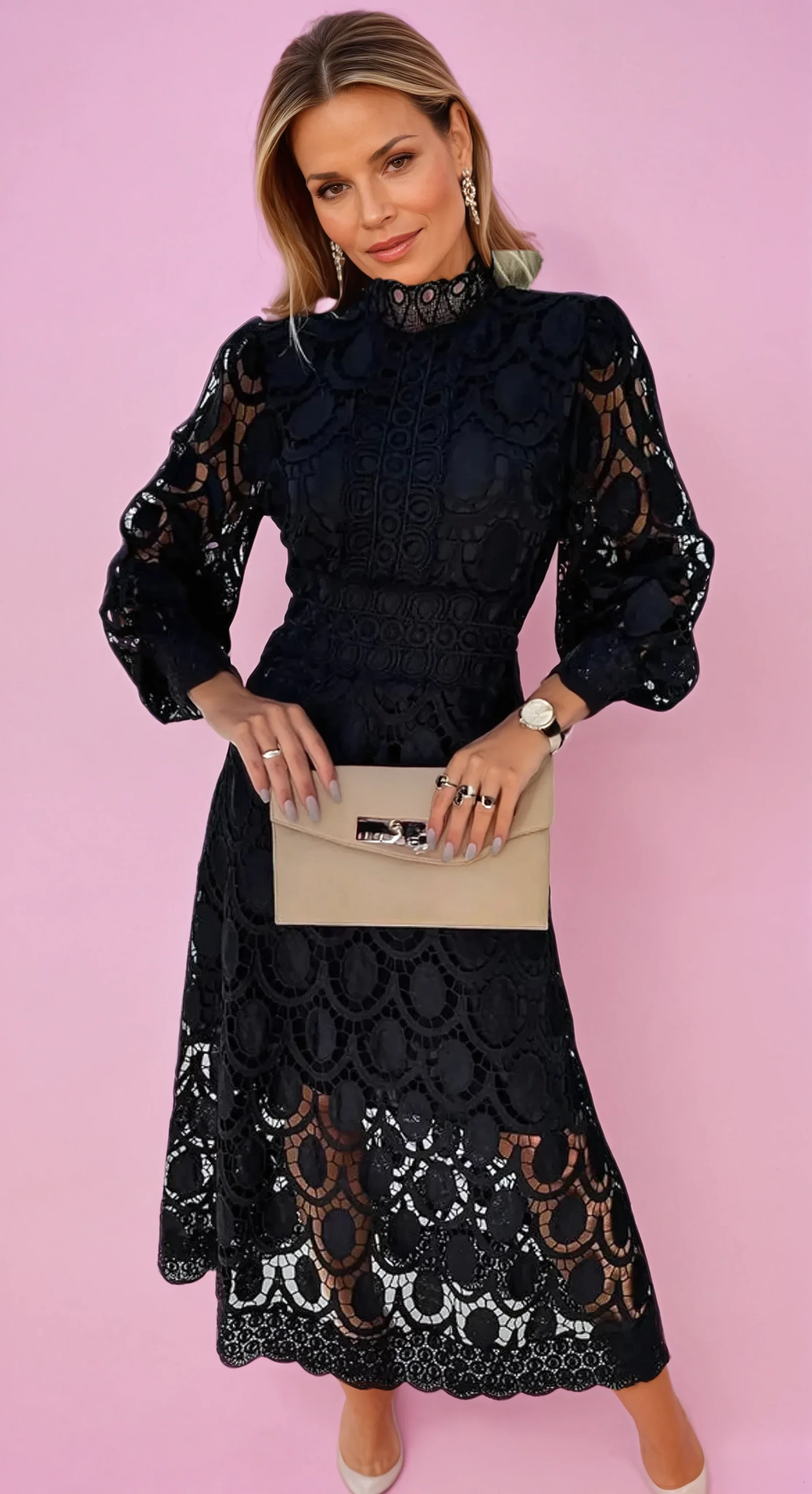 Elegant Midi Dress with Flattering Fit, Long Sleeve Design for Versatile Occasions - Perfect for Women - Image 2