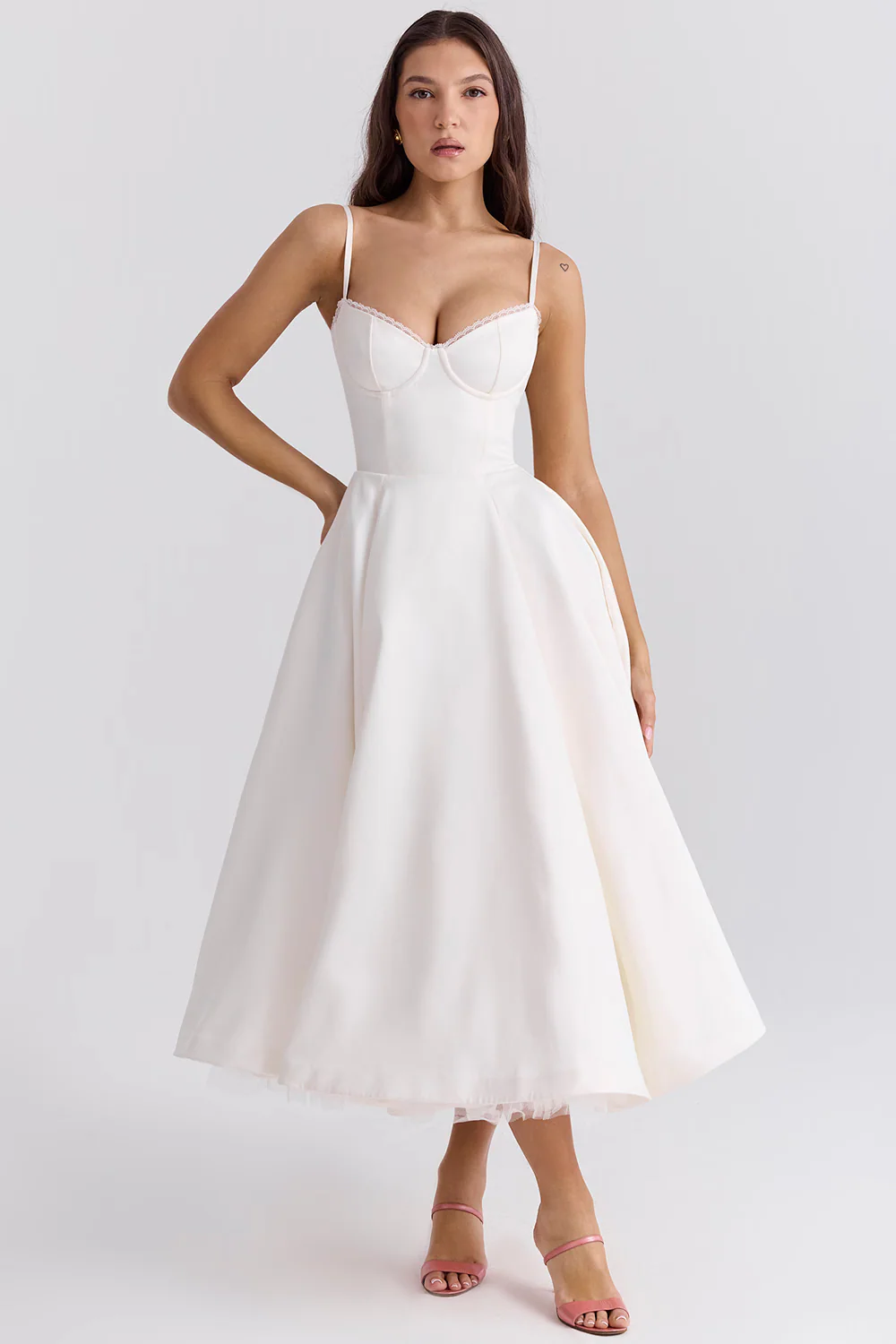 Elegant White Midi Dress with Spaghetti Straps and Tulle Skirt for Women - Perfect for Special Occasions - Image 9
