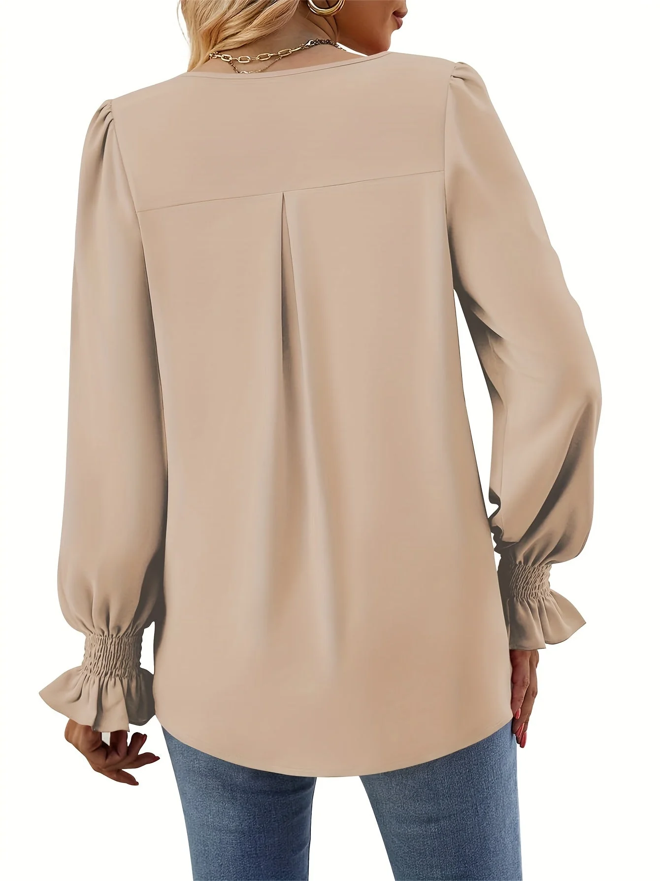 Elegant Women's Blouse in Solid Color, Lightweight Polyester V-Neck Top for Spring and Autumn Styling - Image 3