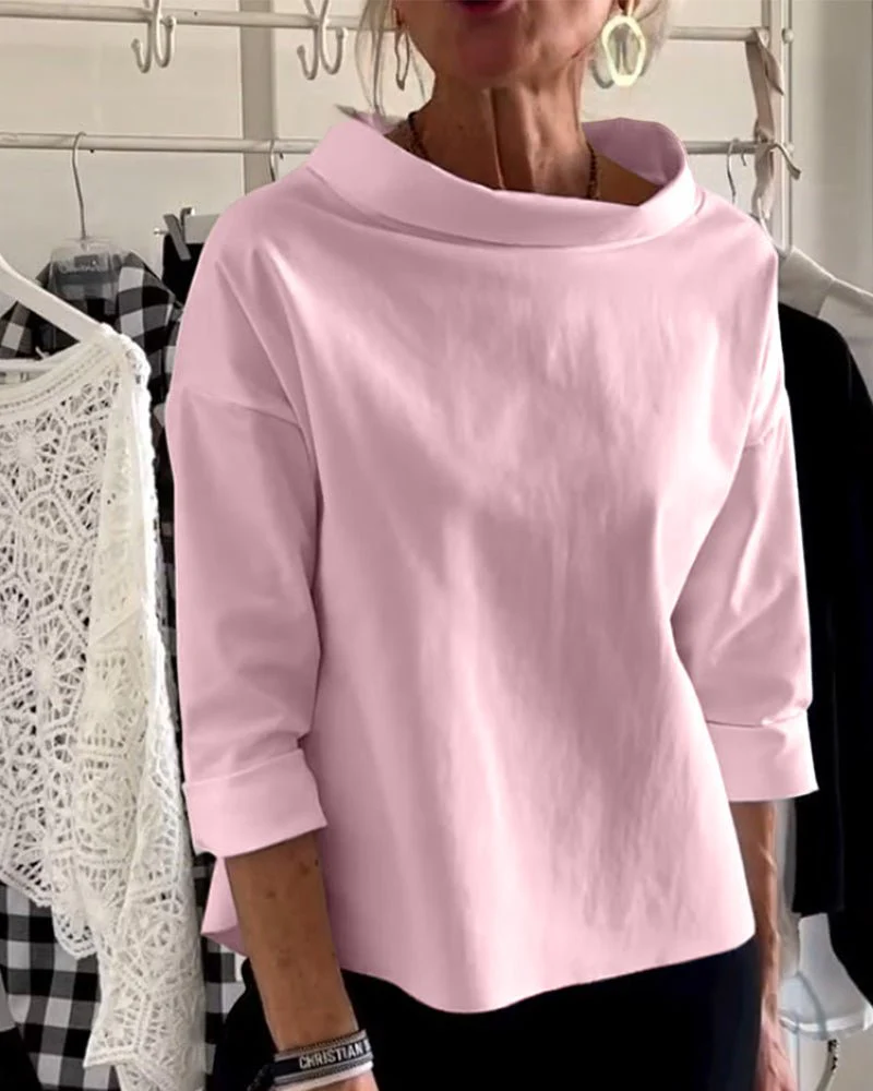 Elegant Women's Blouse with Loose Turtleneck, Cotton-Polyester Blend Long Sleeve Top for Summer and Autumn - Image 10