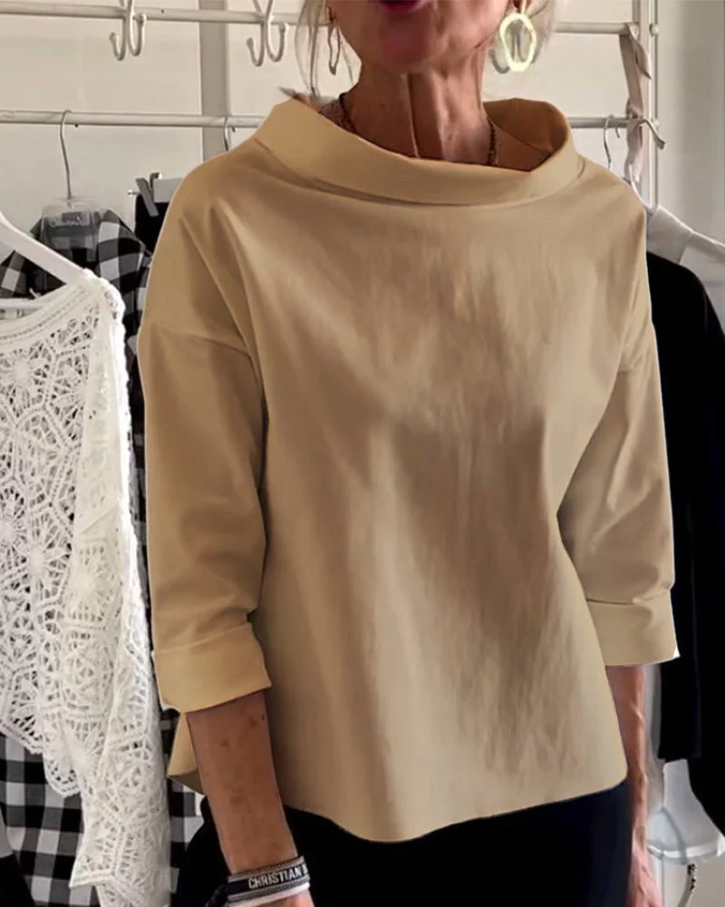 Elegant Women's Blouse with Loose Turtleneck, Cotton-Polyester Blend Long Sleeve Top for Summer and Autumn - Image 13
