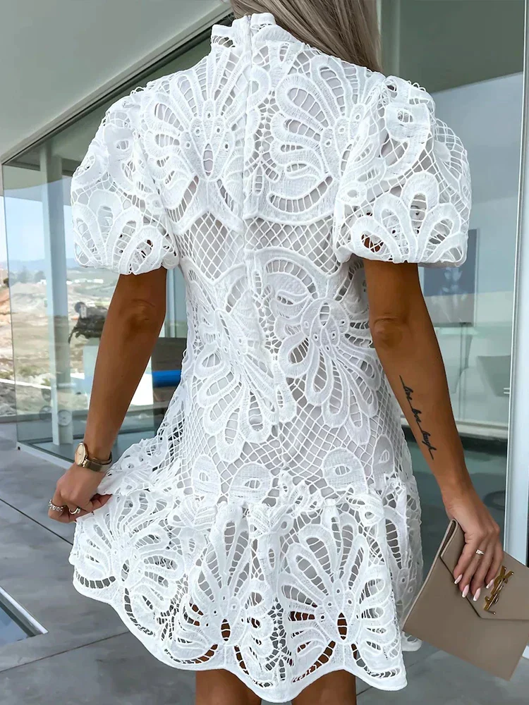 Elegant Women's Embroidered Puff Sleeve Dress, Lightweight Summer Dress for Casual and Formal Occasions - Image 3