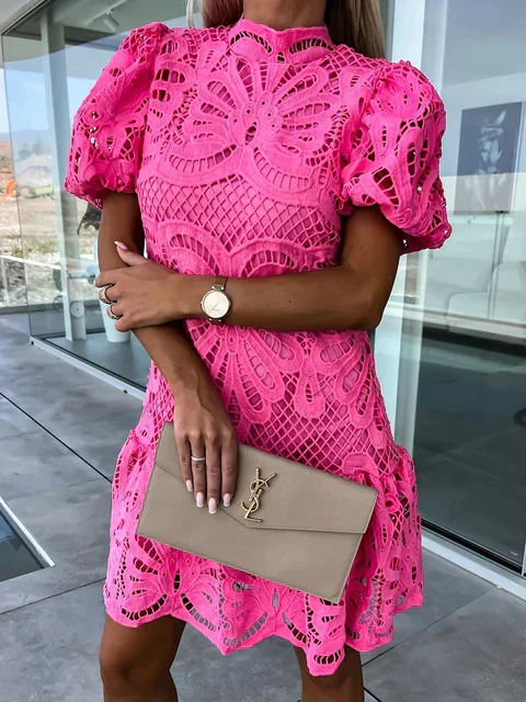 Elegant Women's Embroidered Puff Sleeve Dress, Lightweight Summer Dress for Casual and Formal Occasions - Image 5