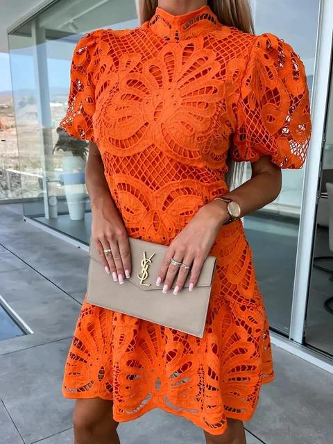 Elegant Women's Embroidered Puff Sleeve Dress, Lightweight Summer Dress for Casual and Formal Occasions - Image 8