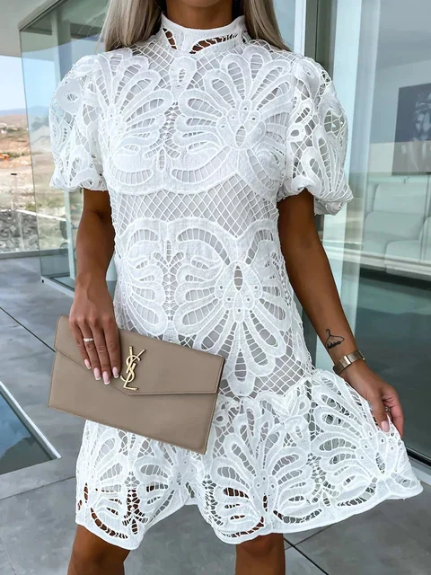 Elegant Women's Embroidered Puff Sleeve Dress, Lightweight Summer Dress for Casual and Formal Occasions - Image 9