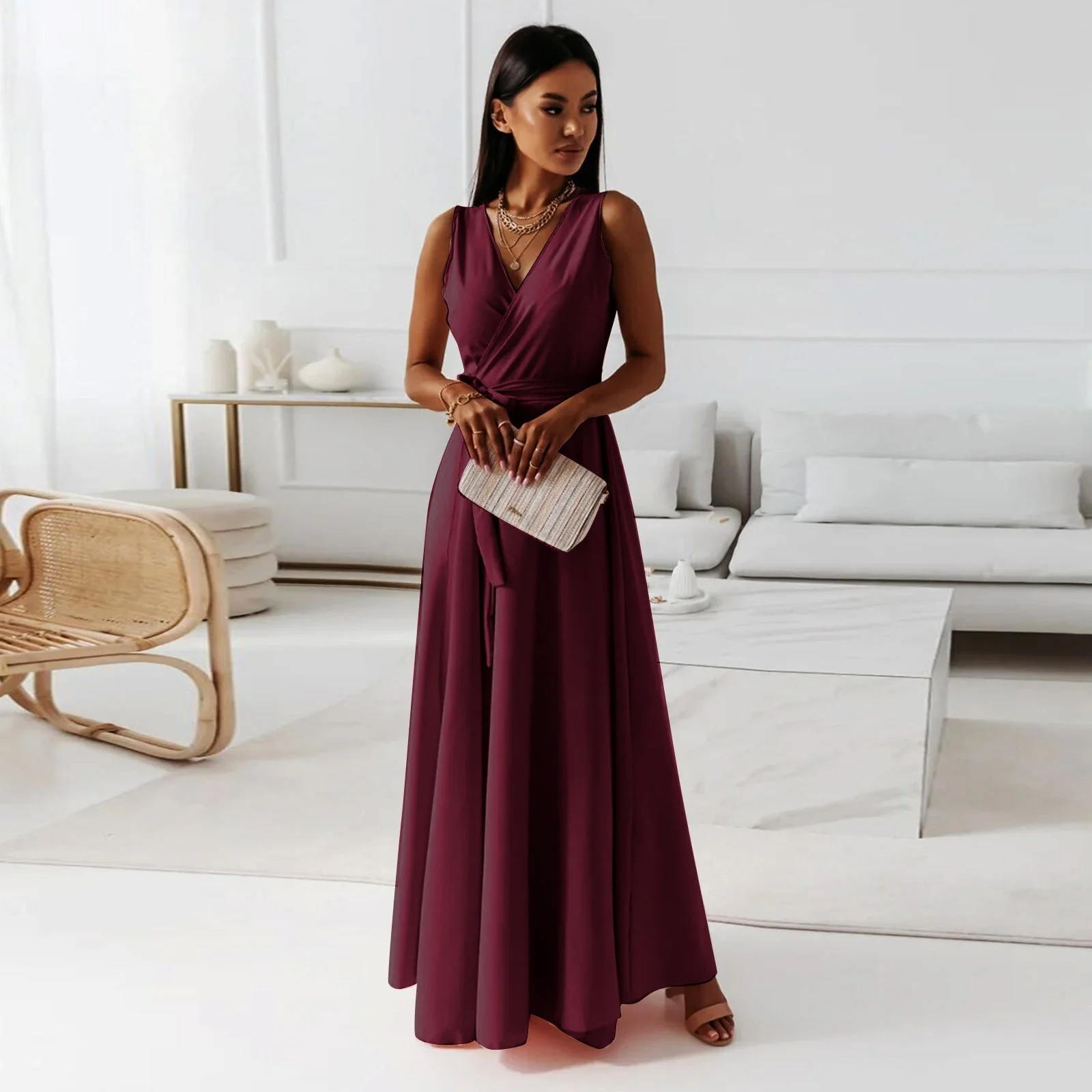 Elegant Women's Maxi Dress with V Neckline - Versatile Long Formal Dress for All Occasions - Image 10
