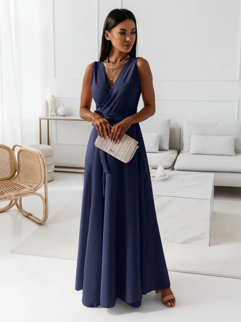 Elegant Women's Maxi Dress with V Neckline - Versatile Long Formal Dress for All Occasions - Image 14