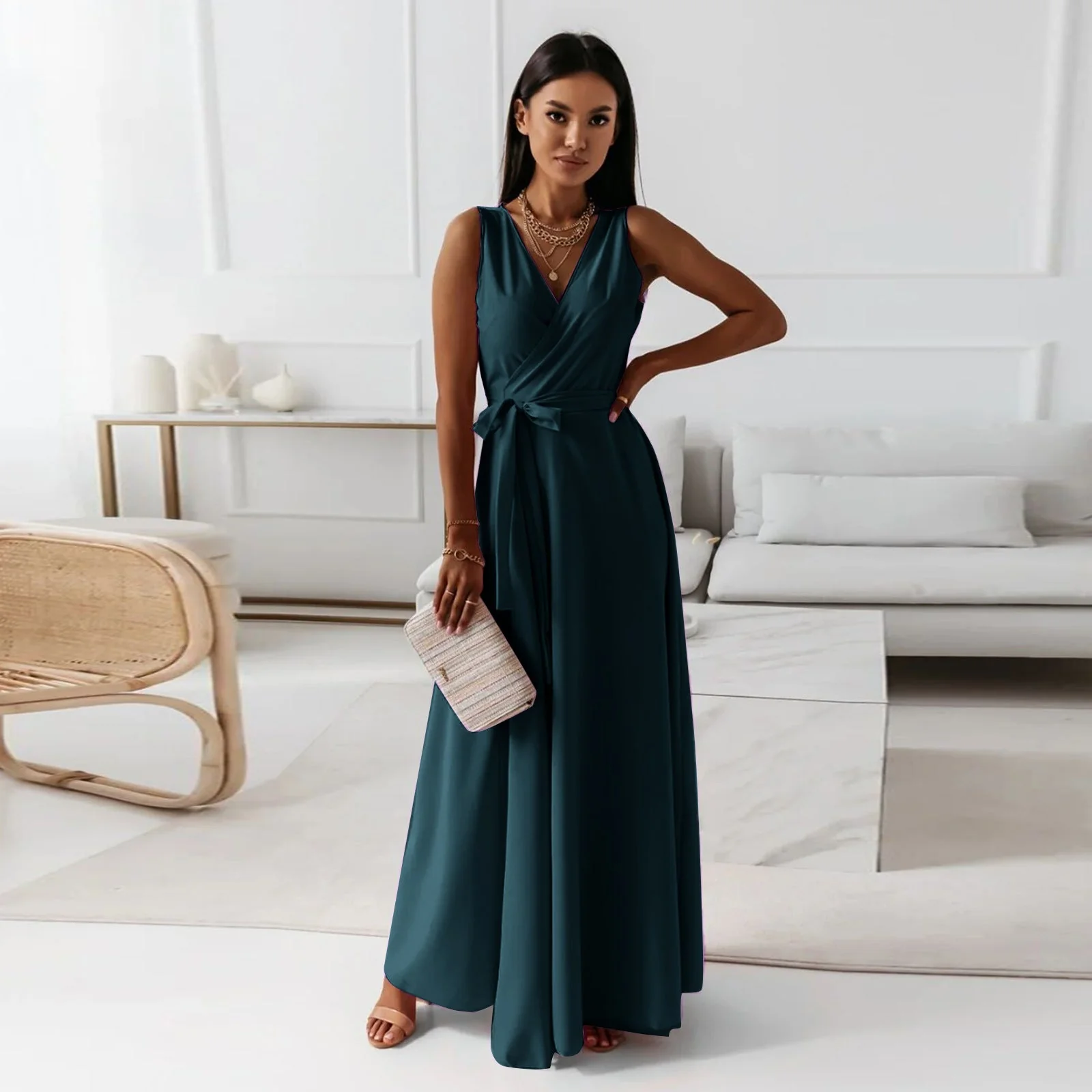 Elegant Women's Maxi Dress with V Neckline - Versatile Long Formal Dress for All Occasions - Image 2