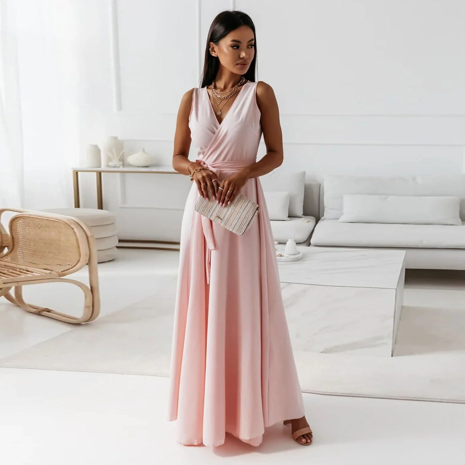 Elegant Women's Maxi Dress with V Neckline - Versatile Long Formal Dress for All Occasions - Image 7