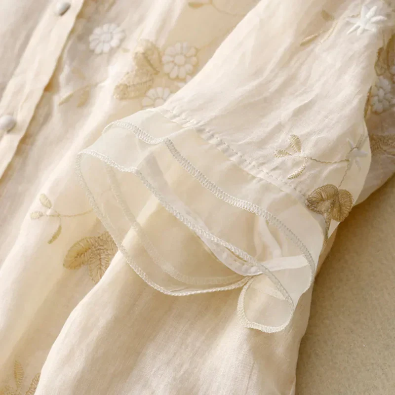 Elegant Women's Top with Embroidery, Breathable Cotton Blend Blouse in Various Colors and Sizes - Image 2
