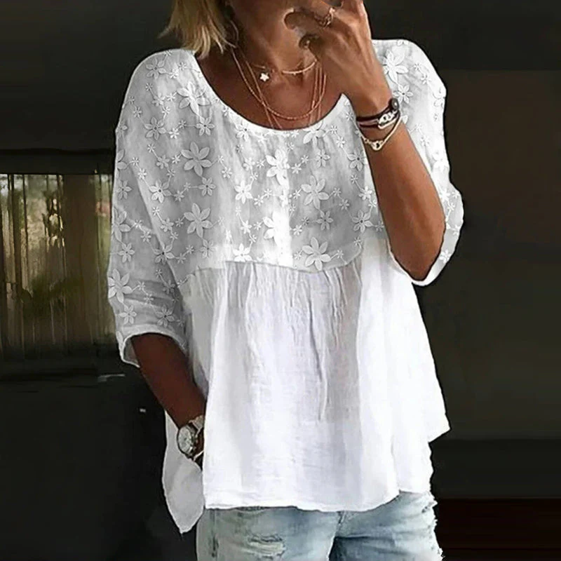 Embroidered Flower Blouse for Women, Three-Quarter Sleeve Summer Top, Cotton-Polyester Blend, Casual Spring Apparel - Image 2