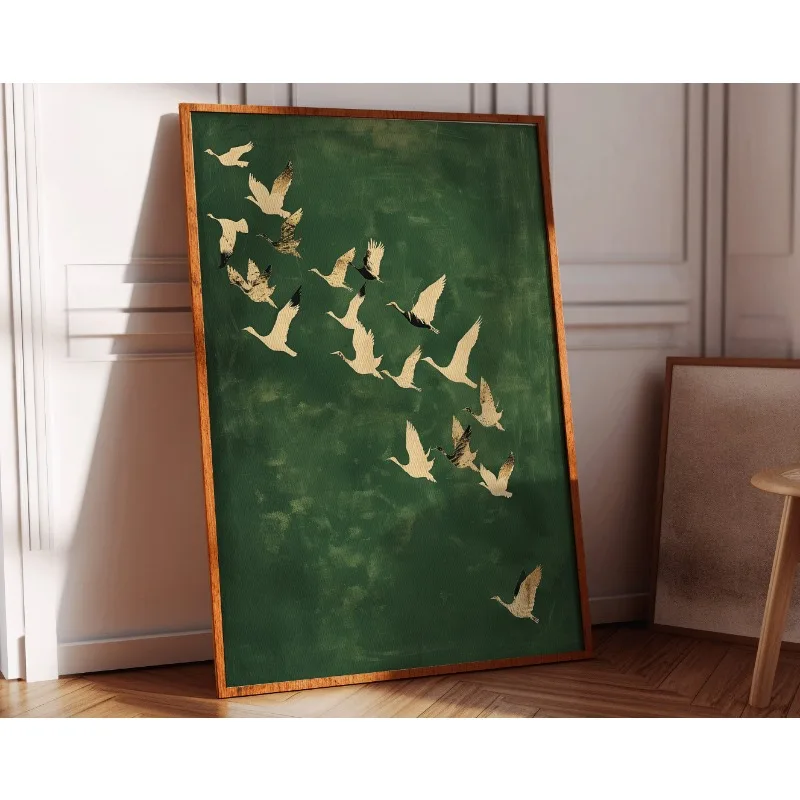 Cranes Wall Art Emerald Green Canvas With Gold Accents - Image 2