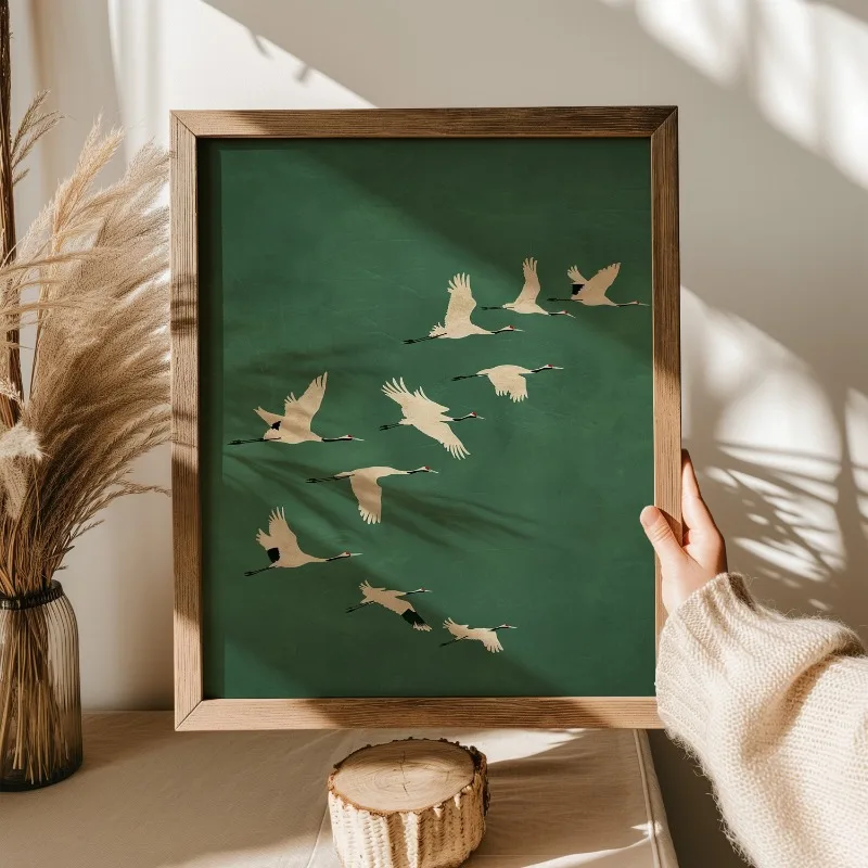 Cranes Wall Art Emerald Green Canvas With Gold Accents - Image 4