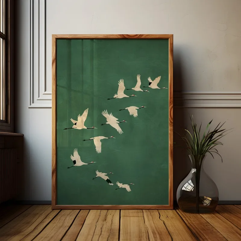 Cranes Wall Art Emerald Green Canvas With Gold Accents - Image 6