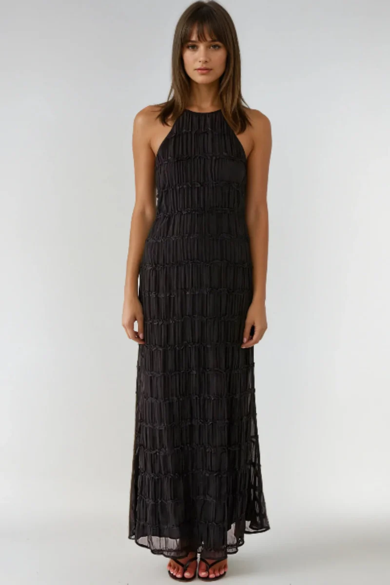 Ethereal Halter Maxi Dress in Soft Nude with Pleated Layers - Elegant Long Dress for Women, Full-Length Design - Image 5