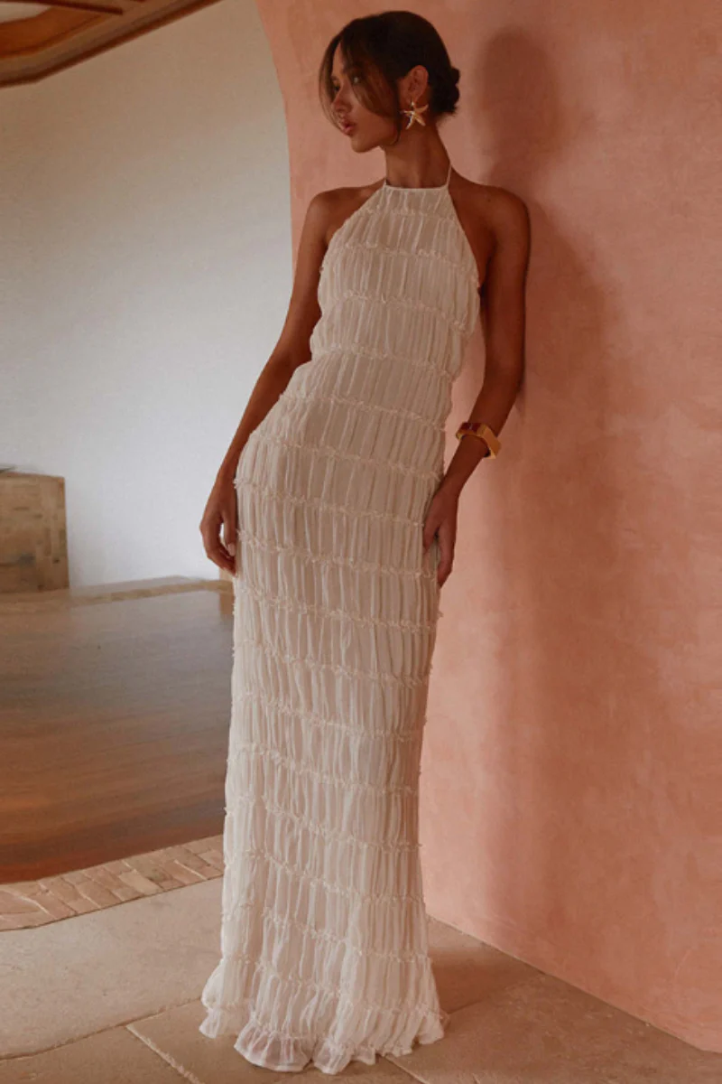 Ethereal Halter Maxi Dress in Soft Nude with Pleated Layers - Elegant Long Dress for Women, Full-Length Design - Image 7