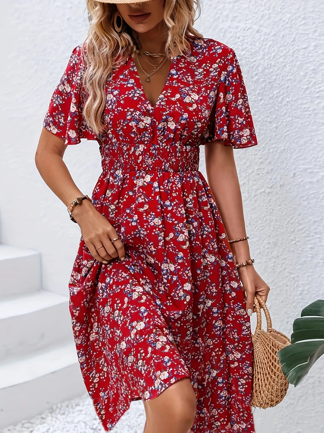 Feminine Boho Summer Dress with V-Neck and Flutter Sleeves, Lightweight Breathable Fabric, Available in Black and Red - Image 4