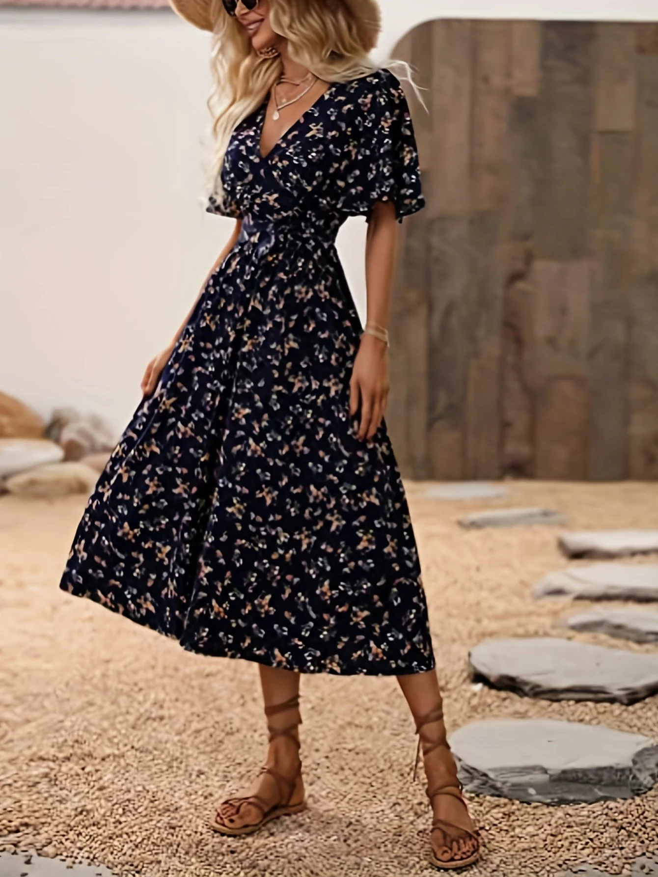 Feminine Boho Summer Dress with V-Neck and Flutter Sleeves, Lightweight Breathable Fabric, Available in Black and Red - Image 6