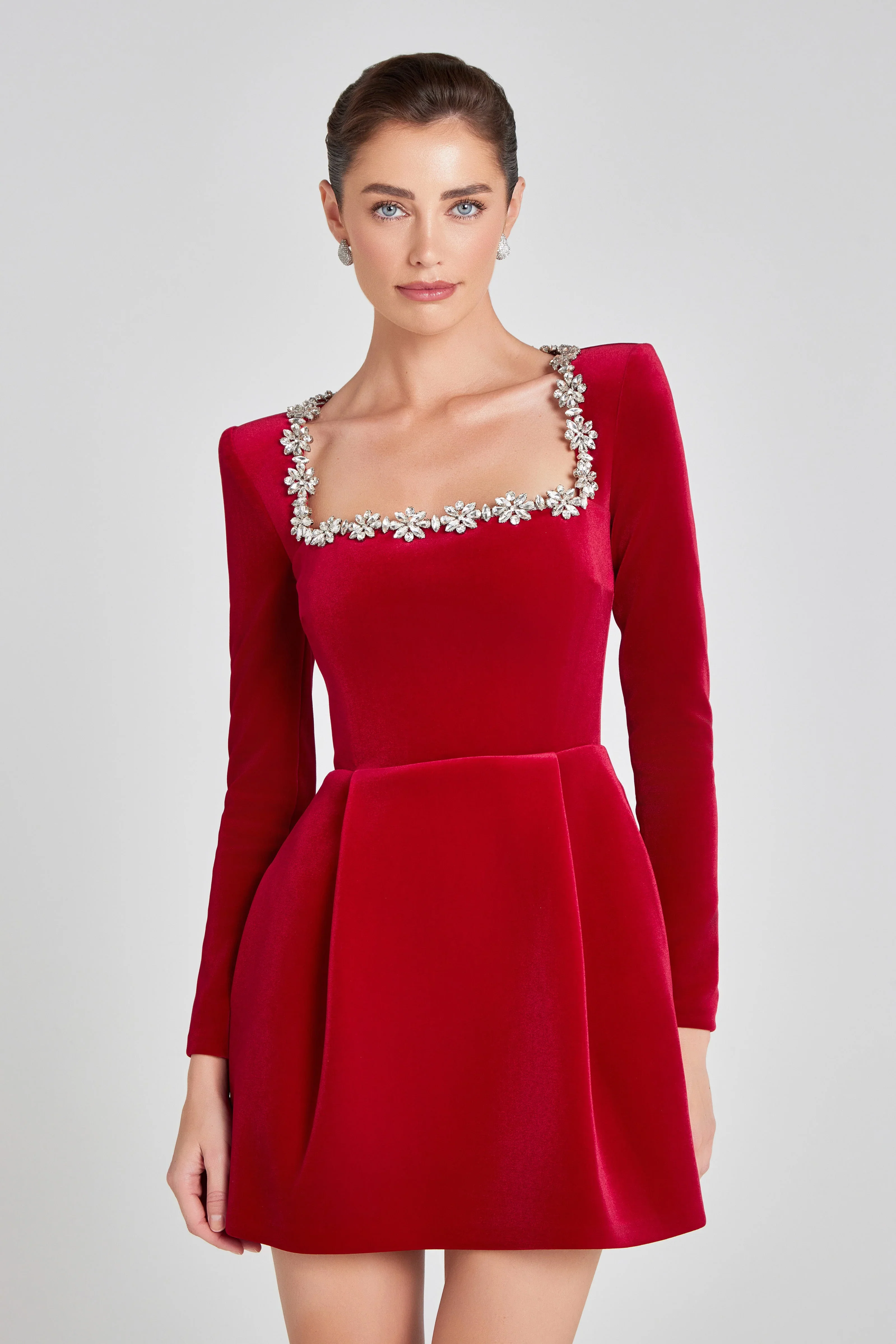 Fitted and Flattering Women's A-Line Dress – Square Neck With Floral Rhinestones, Velvet, For Holiday Parties - Image 9