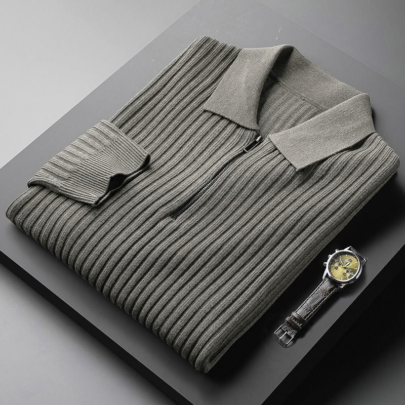 Fitted Classic Men's Pullover - Polo Half Zip, Ribbed Knit - Image 2