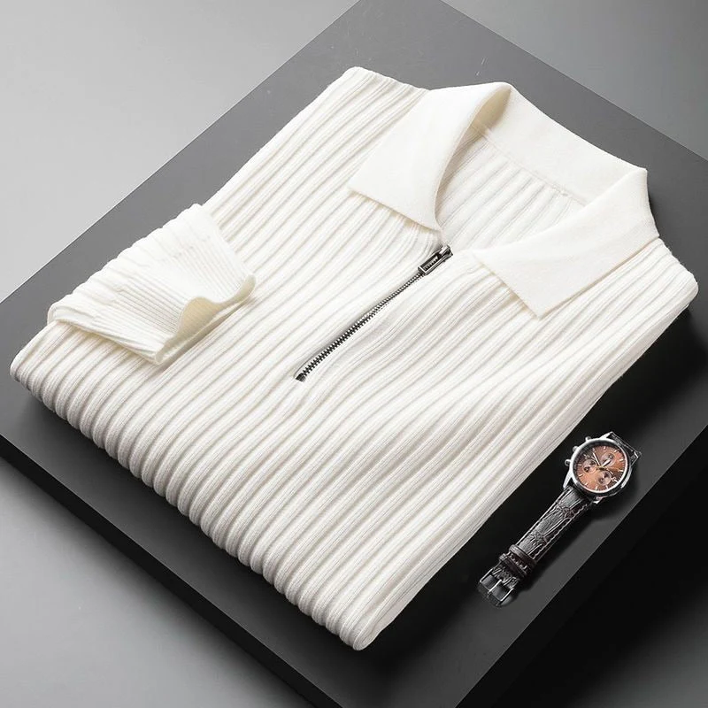 Fitted Classic Men's Pullover - Polo Half Zip, Ribbed Knit - Image 3