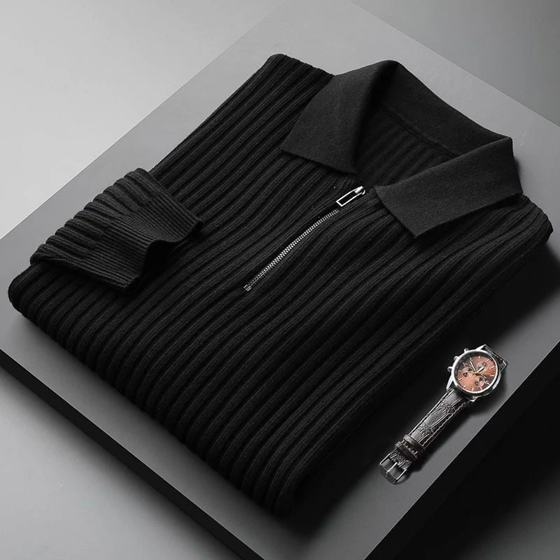 Fitted Classic Men's Pullover - Polo Half Zip, Ribbed Knit - Image 4