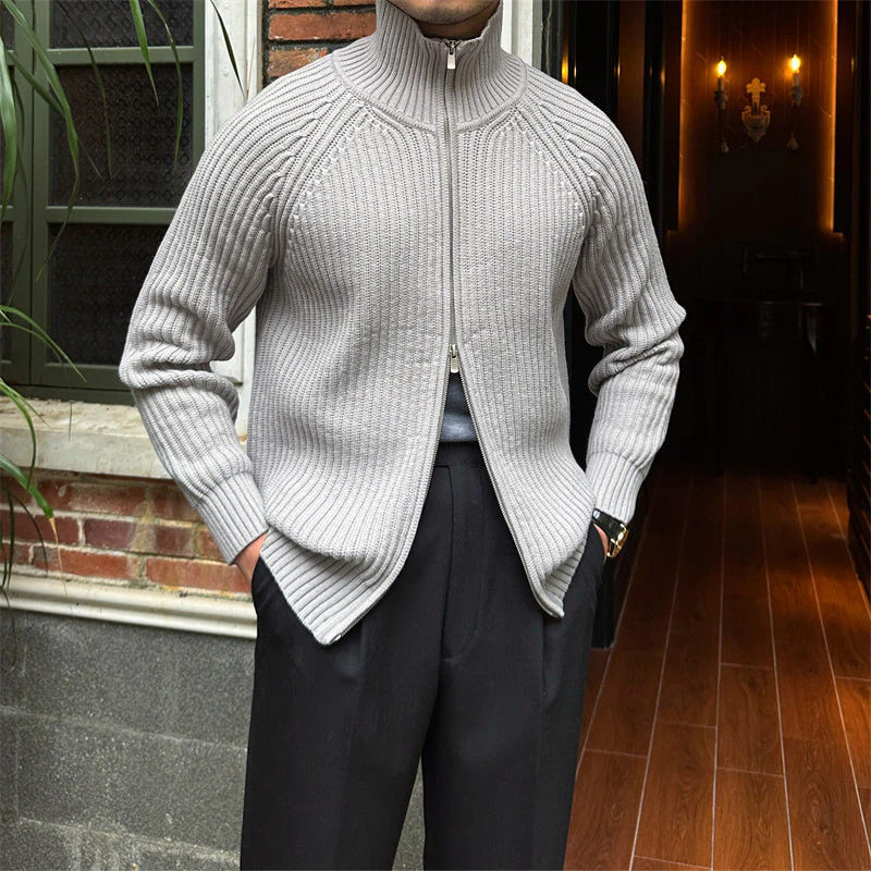 Fitted Men’s Cardigan - Stand Up Collar, Slim Rib Knit - Image 6