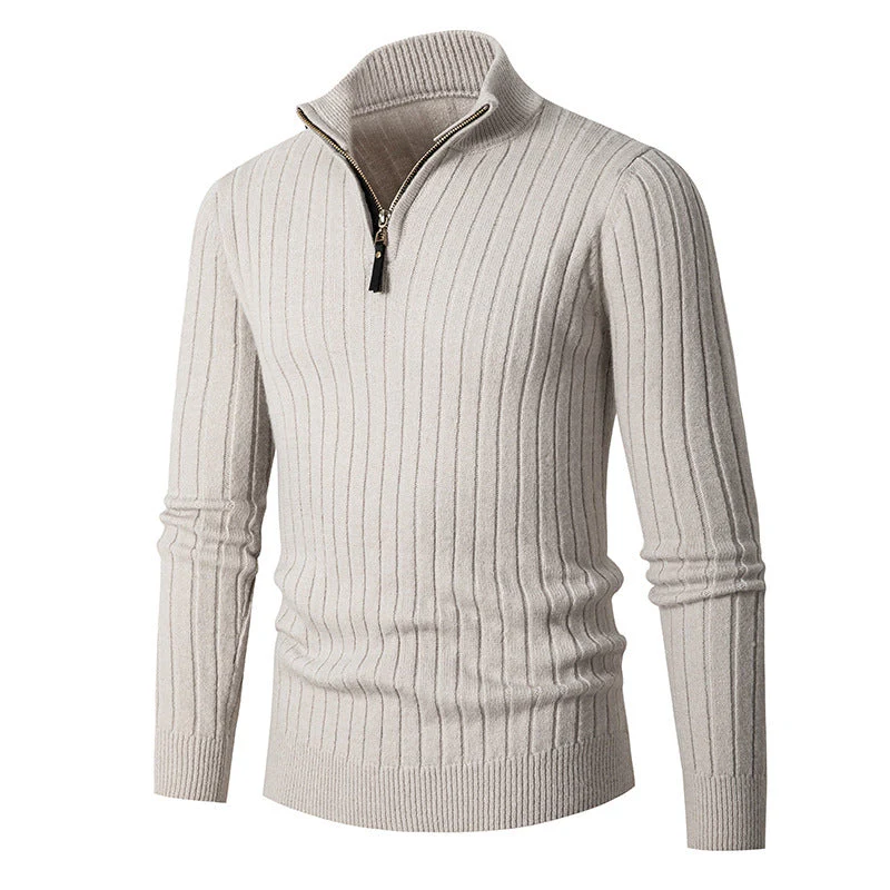 Fitted Men's Half Turtleneck Zip Sweater - Ribbed Knit - Image 11