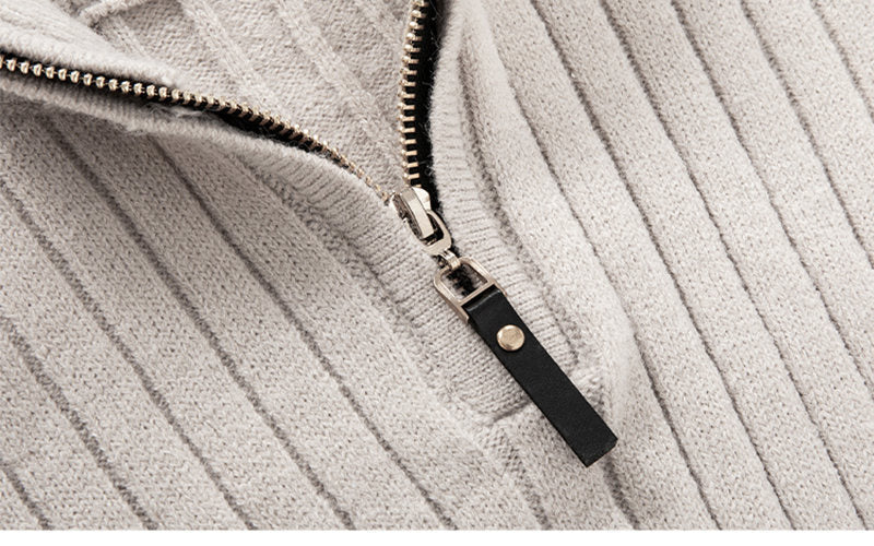 Fitted Men's Half Turtleneck Zip Sweater - Ribbed Knit - Image 2