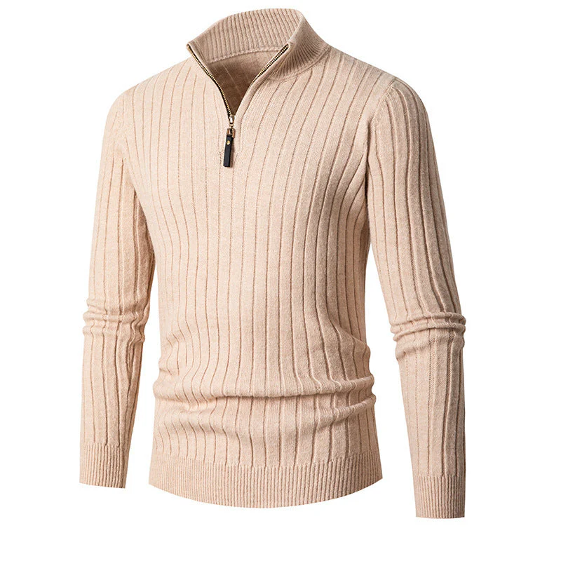 Fitted Men's Half Turtleneck Zip Sweater - Ribbed Knit - Image 7
