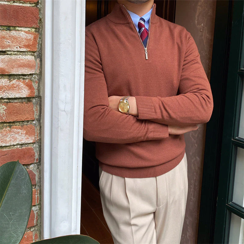 Fitted Men’s Half-Zip Sweater - Ribbed Knit, Smart Casual - Image 7