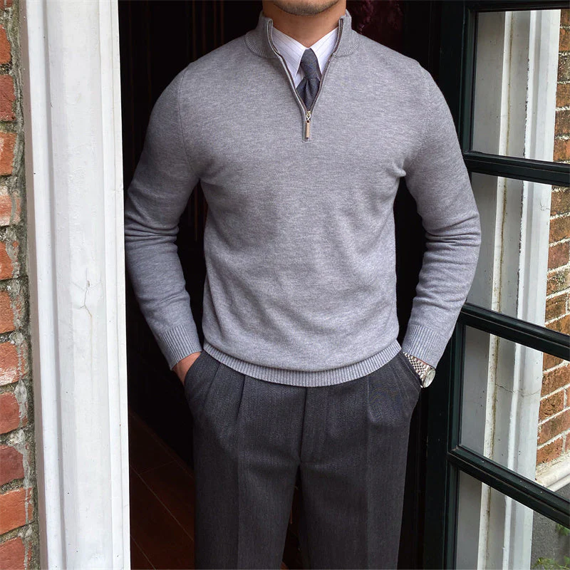 Fitted Men’s Half-Zip Sweater - Ribbed Knit, Smart Casual - Image 8