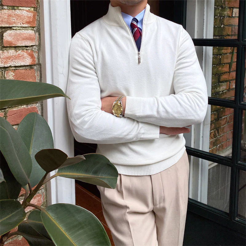 Fitted Men’s Half-Zip Sweater - Ribbed Knit, Smart Casual - Image 9