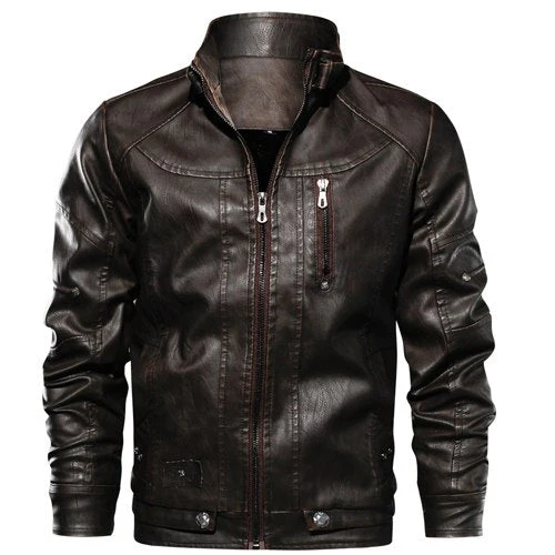 Fitted men's leather jacket - biker, PU leather, zippered placket, structured silhouette, casual fall wear