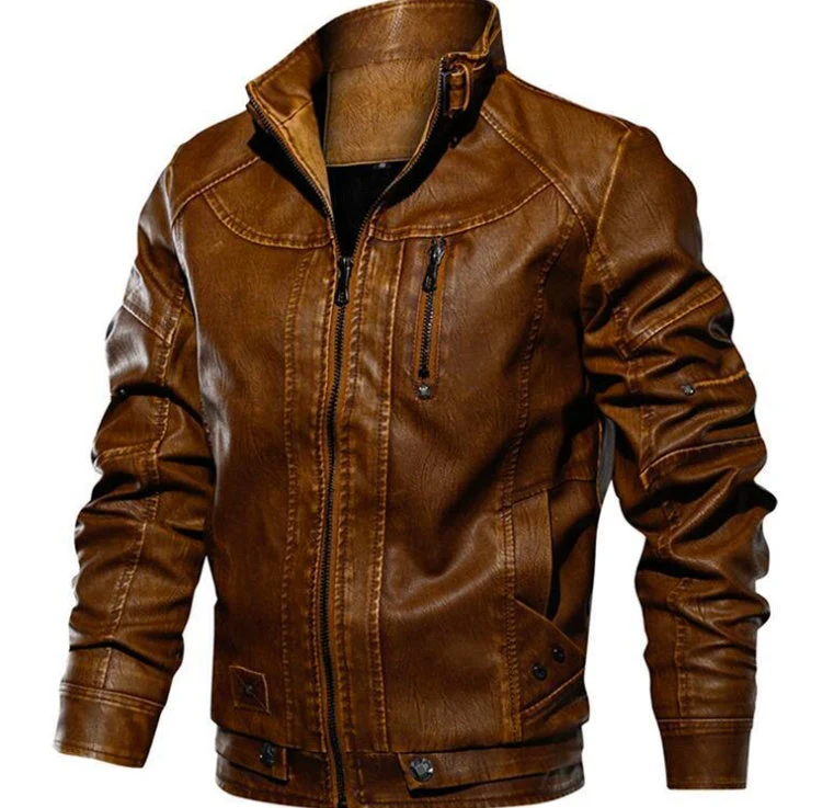Fitted men's leather jacket - biker, PU leather, zippered placket, structured silhouette, casual fall wear - Image 6