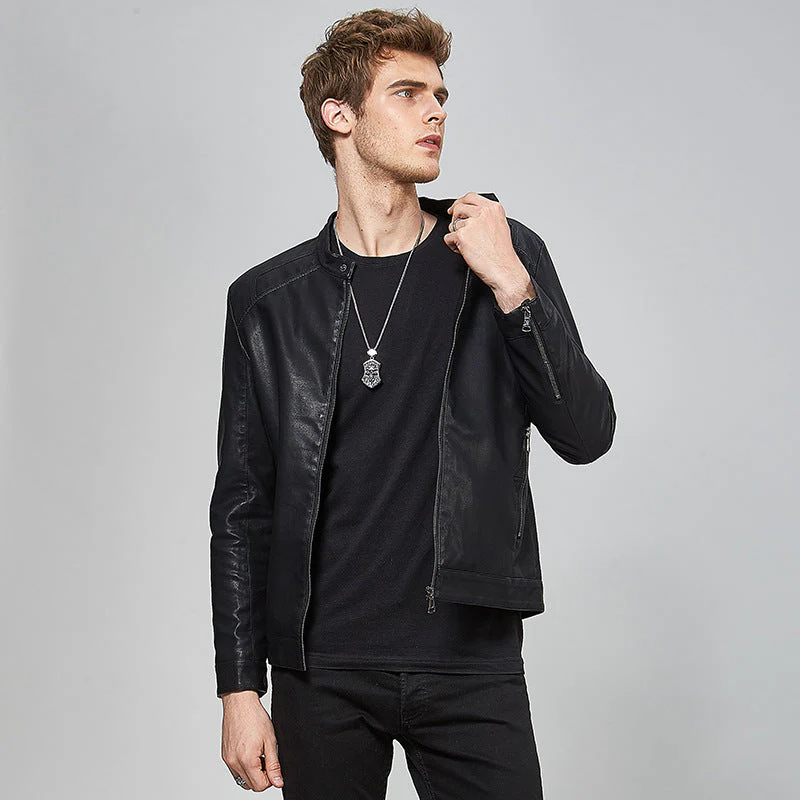 Fitted Men's Leather Jacket – Stand-Up Collar, Zip-Front, PU Leather, Casual Wear