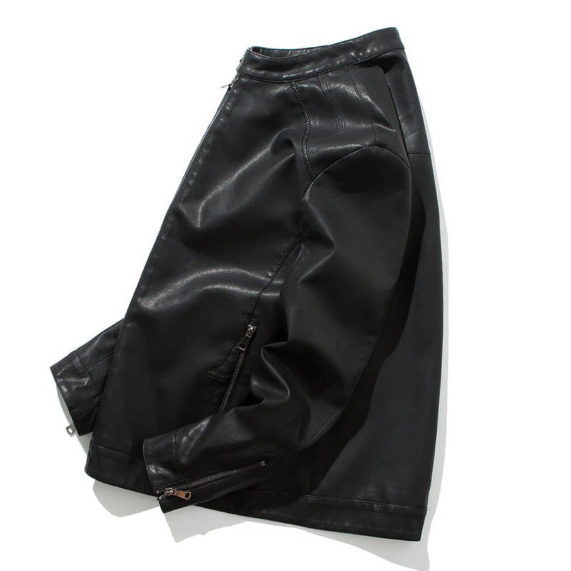 Fitted Men's Leather Jacket – Stand-Up Collar, Zip-Front, PU Leather, Casual Wear - Image 3