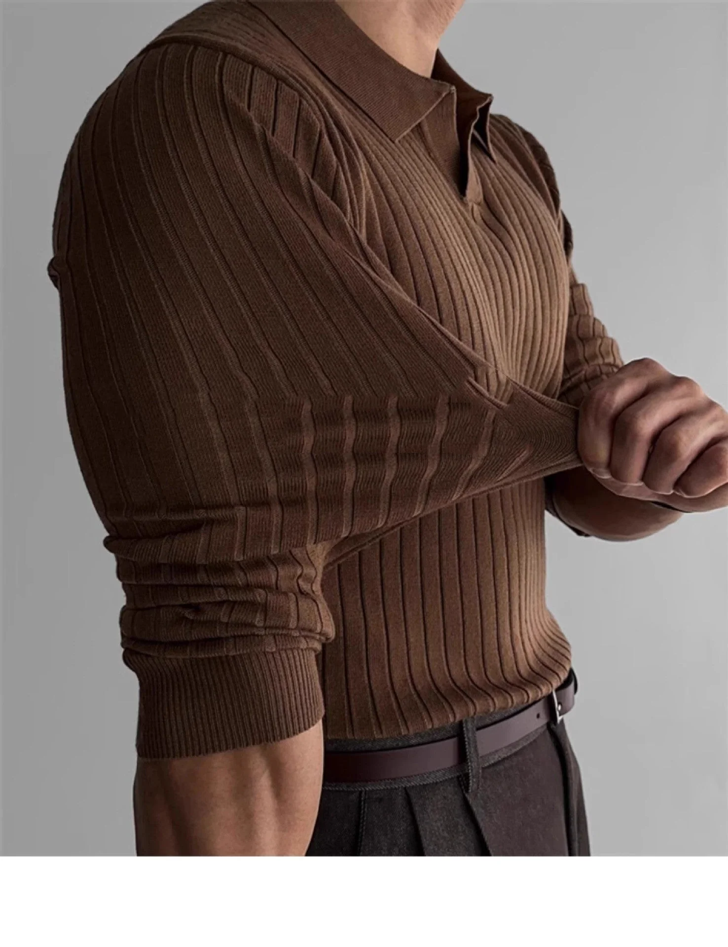 Fitted Men's Long Sleeve Polo Shirt - Ribbed Knit, Casual - Image 2