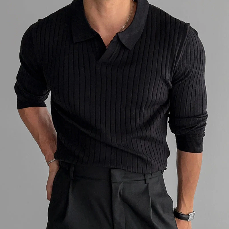 Fitted Men's Long Sleeve Polo Shirt - Ribbed Knit, Casual - Image 4