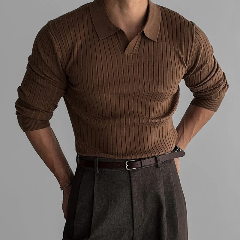 Fitted Men's Long Sleeve Polo Shirt - Ribbed Knit, Casual - Image 6