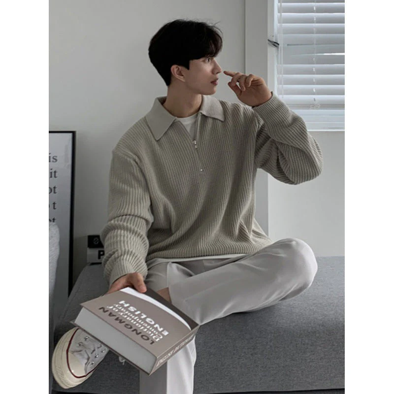 Fitted Men's Sweater Coat - Zip Collar, Ribbed Knit, Casual - Image 6