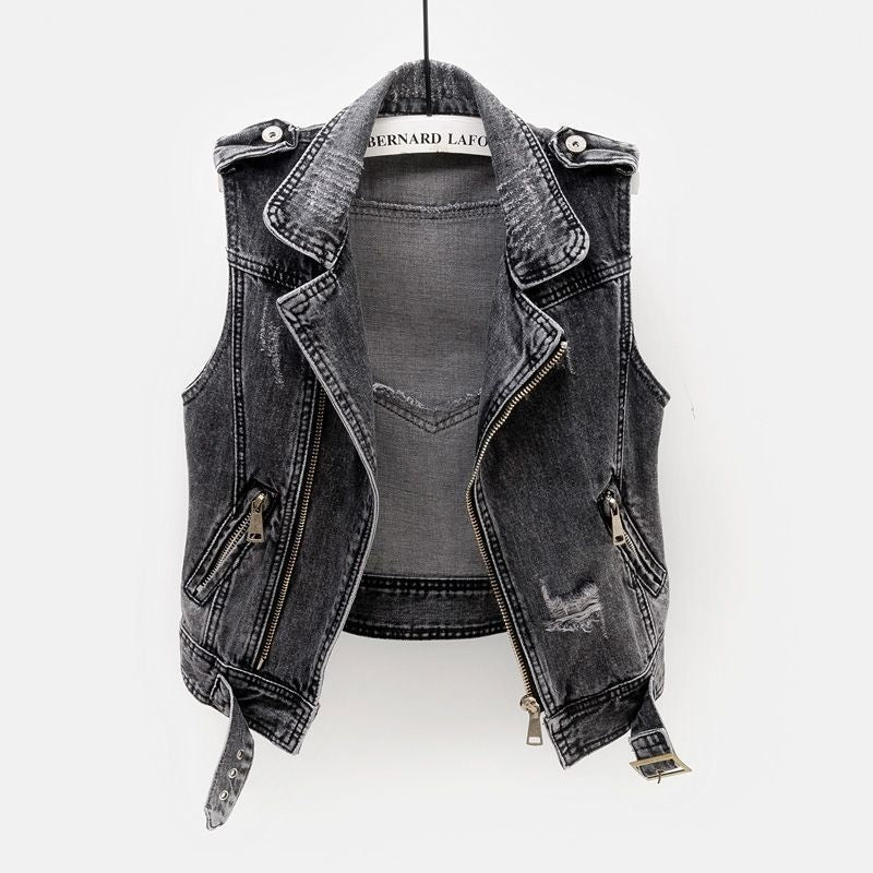 Fitted Women's Denim Vest - Moto Crop, Distressed, Casual