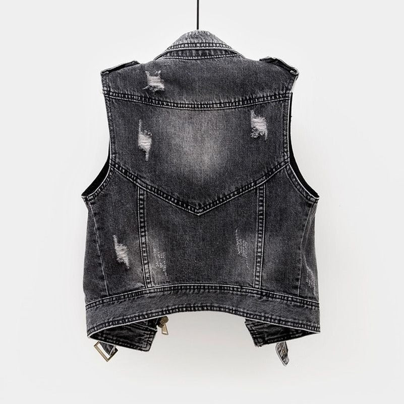 Fitted Women's Denim Vest - Moto Crop, Distressed, Casual - Image 2