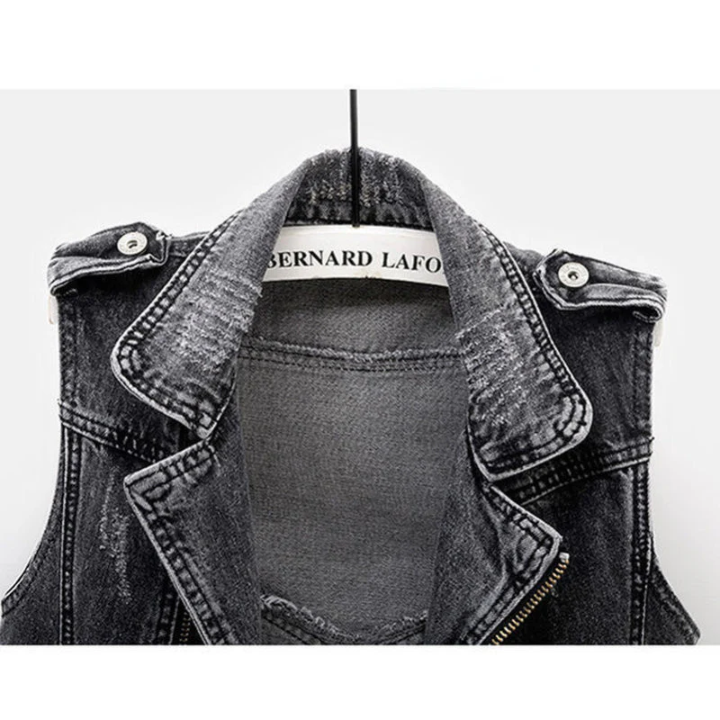 Fitted Women's Denim Vest - Moto Crop, Distressed, Casual - Image 4