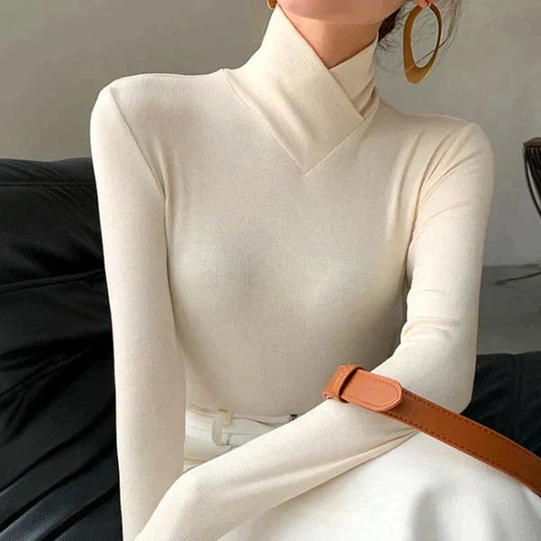 Fitted Women's Pullover - Slim Turtleneck, Stretch Knit - Image 3